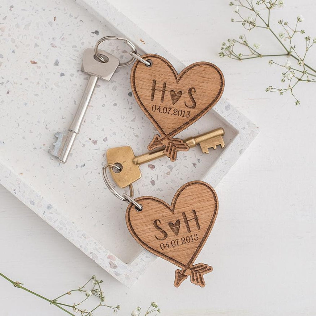 Heart Keyrings set of 2 - engraved with initials and date